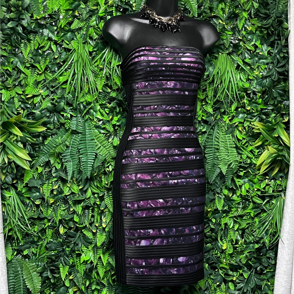Cache Dress Womens Size 0 Black Purple Print Strapless‎ Bandage Bodycon 3707